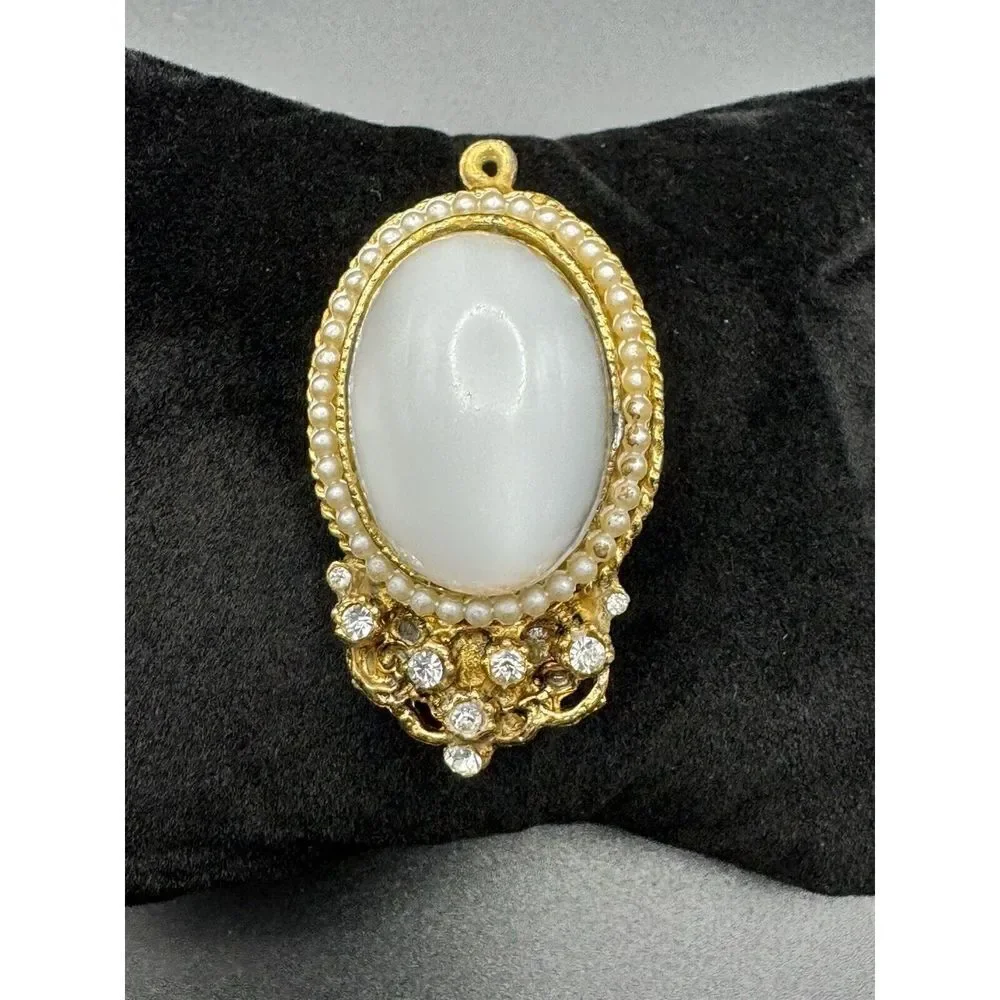 Vintage Gold Tone Brooch Rhinestone Faux Seed Pearl White Glass Cabochon Pendant